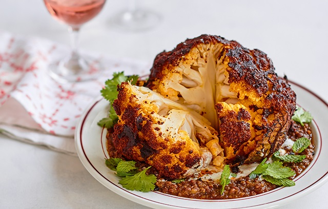 Whole roasted cauliflower with harissa